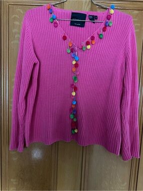 2001 Michael Simon Pink Ribbed Knit Top with Contrast Pom Pom Trim